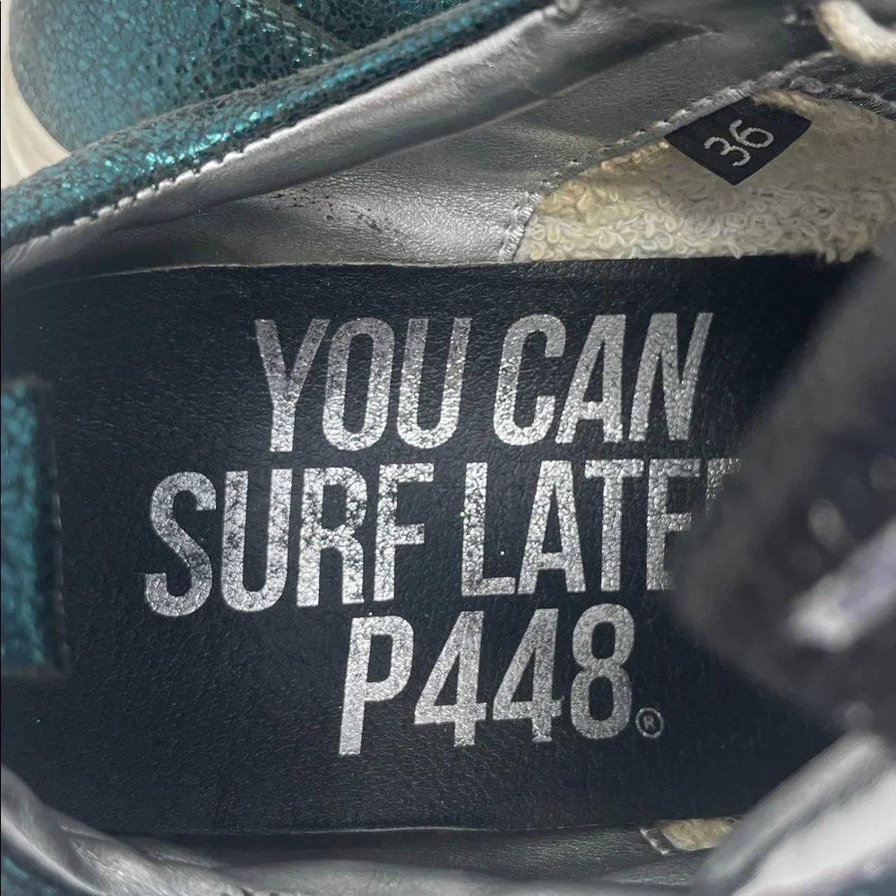 P448 Metallic Teal Snakeskin Accent Lace Sneakers Size 6